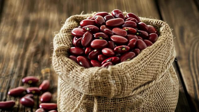 Burlap sack filled with red kidney beans on wooden table, rustic food concept