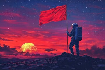 An astronaut standing on a mountain peak with a red flag raised high under a star-filled sky and a rising moon