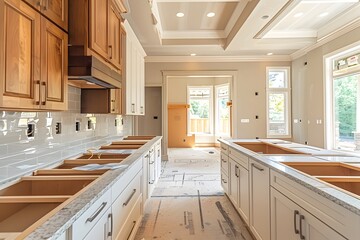 Modern Kitchen Under Construction with Elegant Cabinets and Open Layout