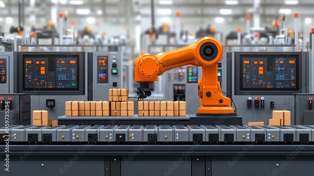 Aufkleber automated precision: a close-up of a robotic arm meticulously stacking boxes on a conveyor belt with