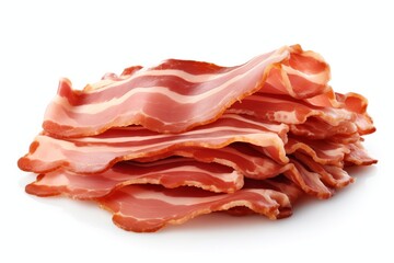 Sliced bacon isolated on white background, falling ham strips 