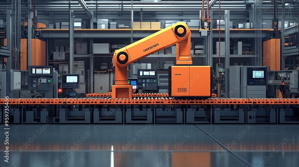 Poster industrial automation: a robotic arm operates on a factory assembly line, showcasing the efficiency 
