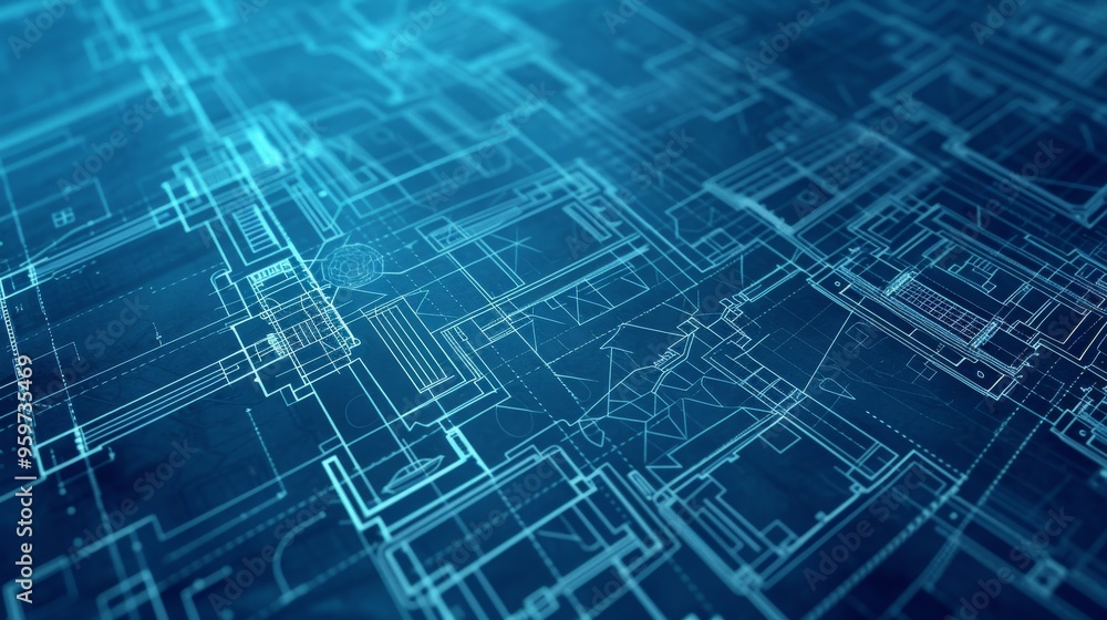Poster detailed digital rendering of an architectural blueprint, showcasing intricate design elements in bl