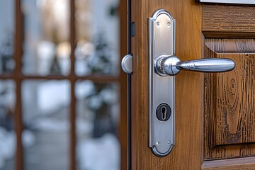 Obraz premium Elegant Wooden Door with Modern Handle and Lock Mechanism