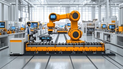 Fototapeta premium Automated Precision: A lone engineer oversees a robotic arm on a futuristic assembly line, showcasing the future of manufacturing with advanced technology. 