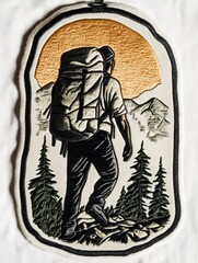 A detailed embroidered patch of a hiker with a backpack walking on a mountain trail with pine trees in the foreground and a mountain range in the background under an orange and yellow sunset.