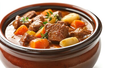 a beef stew with vegetables, hearty meal, rich and flavorful, isolated on white background