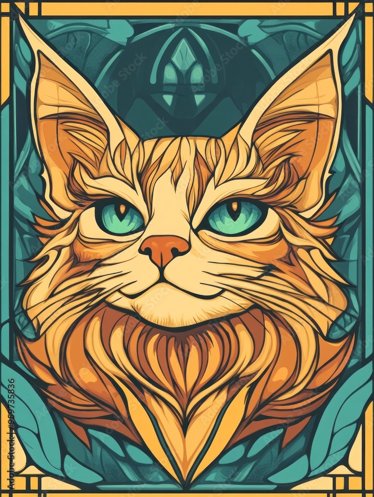 Canvas Prints A stylized portrait of a cat with blue eyes and a yellow-orange coat.