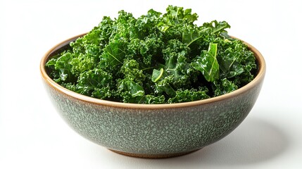 a bowl of sauteed kale, cooked and ready to eat, glossy and tender, isolated on white background