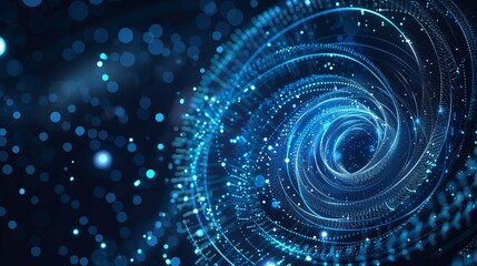 Obraz premium Abstract blue spiral background with glowing lines and dots, illustrating big data technology and digital information flow on a dark backdrop. High-quality vector design with copy space, ideal for mod
