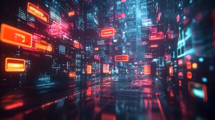 Obraz premium Futuristic Cityscape with Neon Lights and Digital Displays - Abstract Cyberpunk Background for Sci-Fi, Technology, and Virtual Reality Designs.
