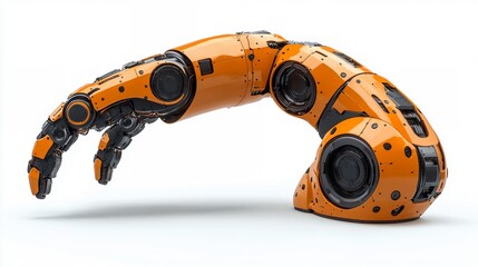 Fototapeta premium Orange Robot Arm Reaching Out: A futuristic, orange and black robotic arm extends, its fingers poised for interaction, against a stark white backdrop. 