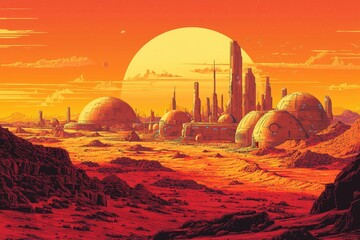 Obraz premium Futuristic Cityscape on a Red Planet at Sunset