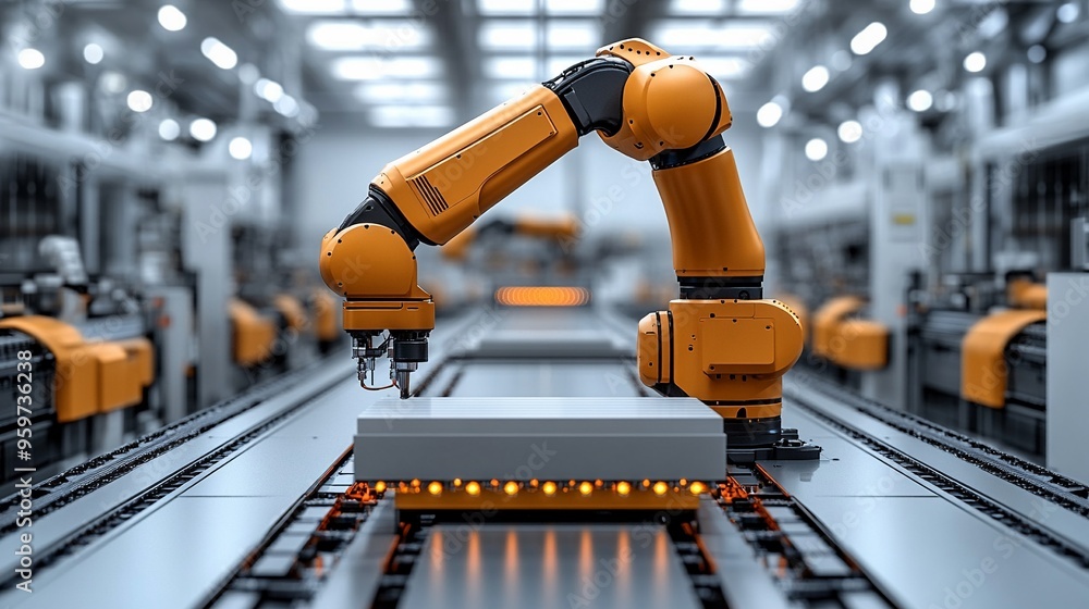 Aufkleber automated precision on the assembly line: an orange robotic arm works with speed and accuracy, repre