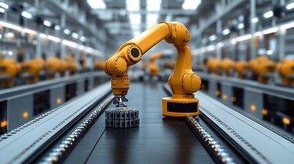 Precision on the Assembly Line: A lone robotic arm meticulously assembles components, embodying the future of manufacturing in a state-of-the-art factory setting. 