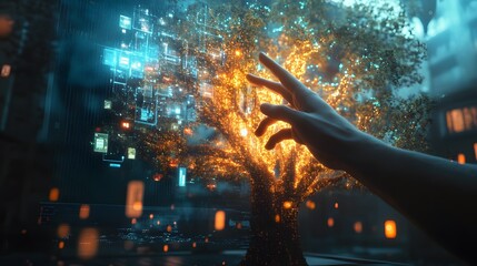 Futuristic Technology Tree with Hand Reaching Out - Digital Growth, Innovation, AI, Network, Data, Digital World, Future Technology, Human Touch, Data Visualization, Network Connection, Artificial