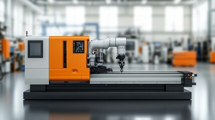 Fototapeta premium Industrial Automation: A close-up of a modern CNC machine in a clean, well-lit factory setting, symbolizing precision, efficiency, and technological advancement. 