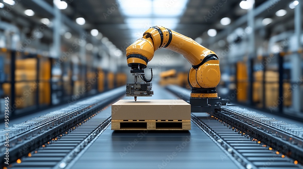 Aufkleber automated precision on the assembly line: a lone robotic arm meticulously handles a cardboard box, s