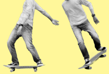Skateboarder playing tricks pixelate color halftone dotted texture style collage element © ozzuboy
