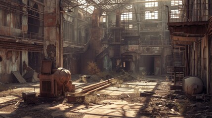 A dilapidated industrial warehouse with rusted machinery, broken windows, and overgrown vegetation. Sunlight streams through holes in the roof, casting dramatic shadows and highlighting the decay.