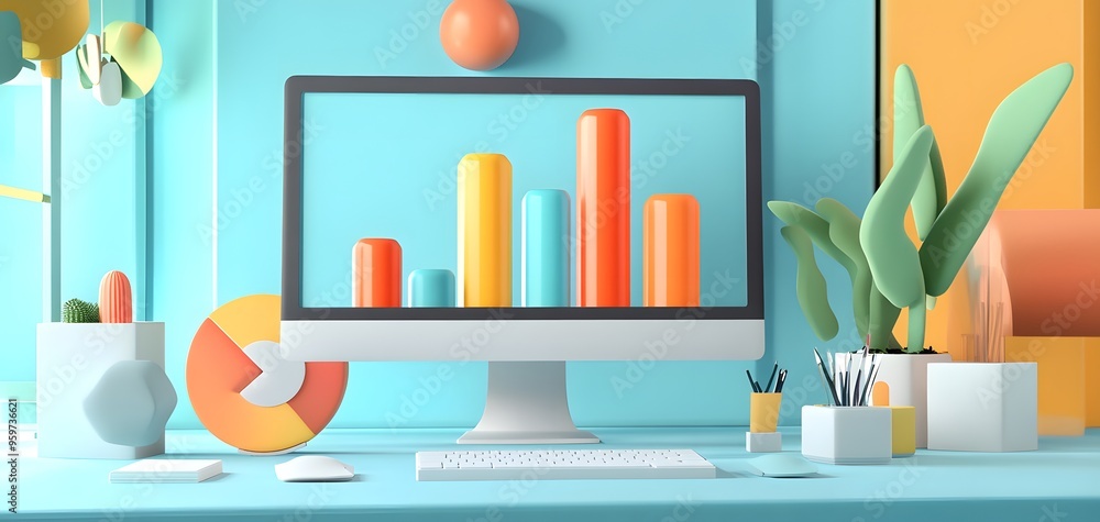 Poster colorful workspace featuring a computer monitor displaying vibrant graphs, ideal for business and pr