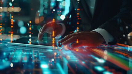 Businessman analyzing complex data sets in real-time using AI technology on a tablet, with a dynamic digital interface overlay showcasing key insights and trends. The vibrant color palette and mid-sho