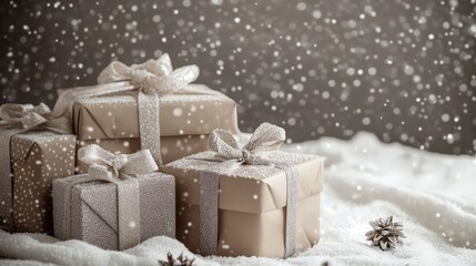 Fototapeta premium Cadeaux emballés avec rubans sous une neige tombante