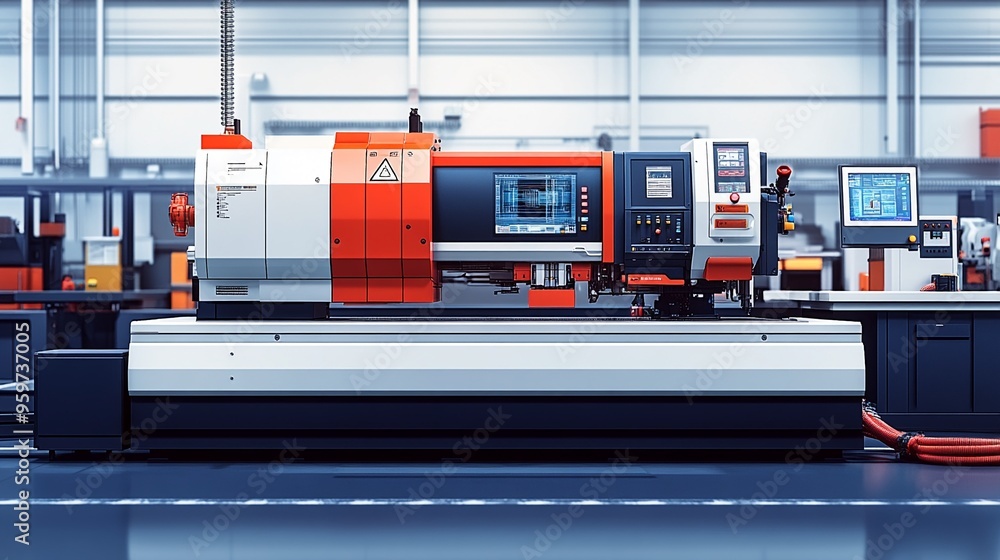 Poster precision engineering: a state-of-the-art cnc machine stands ready for production in a modern factor