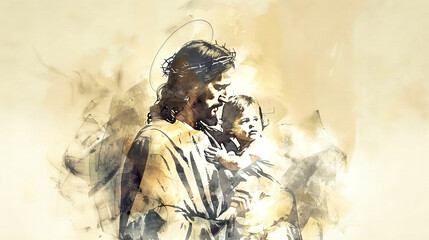 Obraz premium Jesus lovingly holds baby Jesus, depicted in muted beige watercolors, set against a dreamy, cloudy backdrop that evokes a vintage feel
