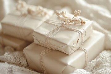 Cadeaux emball&eacute;s en beige avec ficelle et d&eacute;corations naturelles