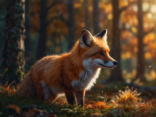 Fototapeta premium A detailed, close-up shot of a cute, curious fox with a bushy tail and soft, fiery fur, set against a blurred, autumnal forest background, creating a warm and inviting aesthetic