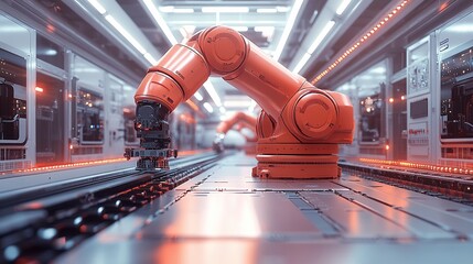 Automated Precision: A fleet of red robotic arms work in unison on a futuristic assembly line, embodying the future of manufacturing and industrial automation.  