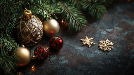 Beautiful red and gold Christmas tree decorations on a stone background. Orthodox Christmas. Horizontal banner. Copy space. Christmas holiday concept. Happy New Year. Religious greeting card, poster