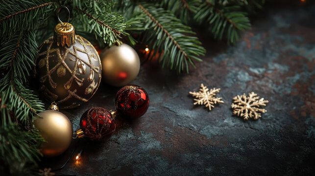 Beautiful red and gold Christmas tree decorations on a stone background. Orthodox Christmas. Horizontal banner. Copy space. Christmas holiday concept. Happy New Year. Religious greeting card, poster