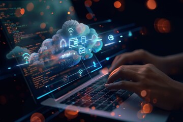 Weather icon with hands typing on a laptop with cloud environment change technology icons floating above, indicating the use and management of AI in data visualization design for web development.