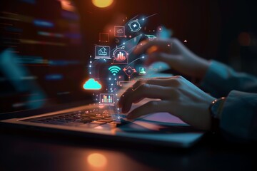 Weather icon with hands typing on a laptop with cloud environment change technology icons floating above, indicating the use and management of AI in data visualization design for web development.