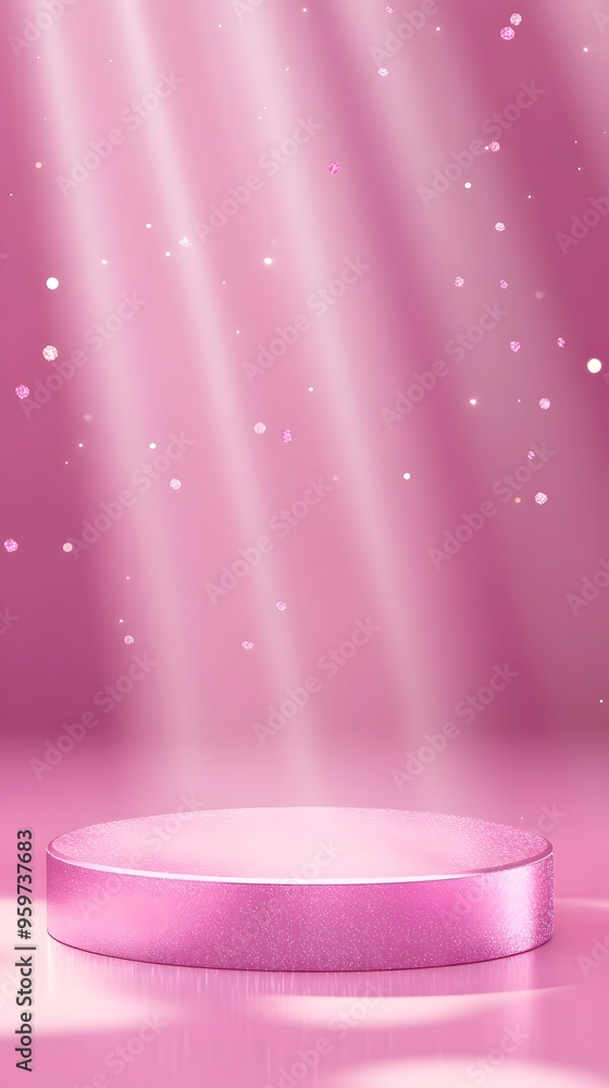 Poster a pink circular podium on the ground with light rays and glitter background for product display or a