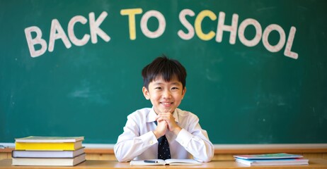 Excited Asian Schoolboy Posing Playfully in Front of 'Back to School' Chalkboard