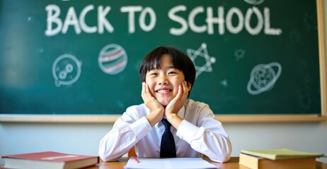 Cute School Boy Holding His Cheeks in Excitement in Front of 'Back to School' Chalkboard