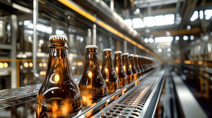 Brown glass bottles line the bottling conveyor at a bustling brewery, glinting in bright light as they await wrapping for distribution - Powered by Adobe