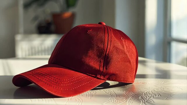 Red baseball cap on sunlit table, casual accessory concept