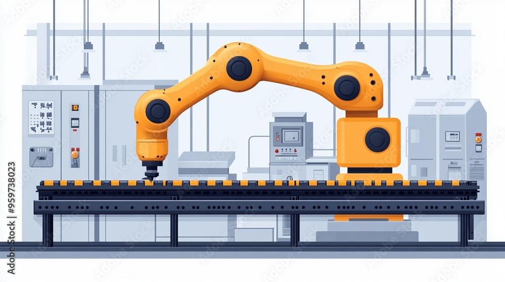 Aufkleber automated assembly line: a robotic arm in a futuristic factory setting operates on a conveyor belt, 