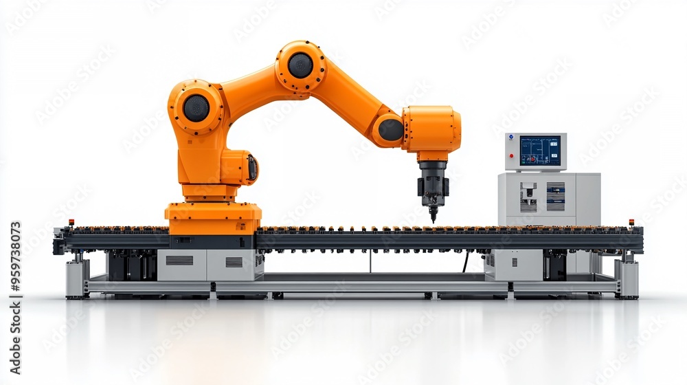 Aufkleber automated precision: an orange robotic arm poised above a production line, epitomizing industrial au