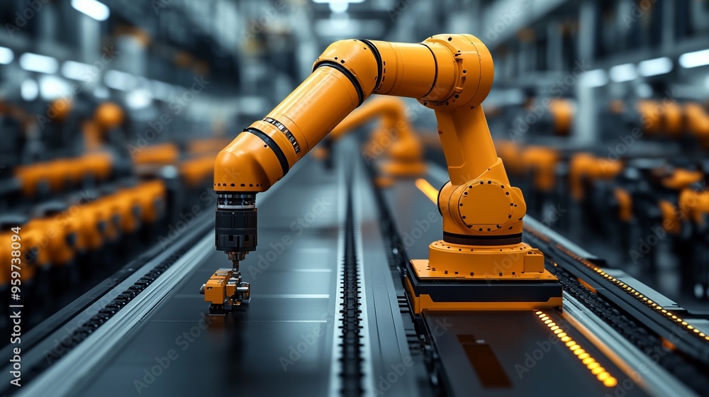 Poster automated precision: a row of vibrant orange robotic arms work in unison on a factory assembly line,