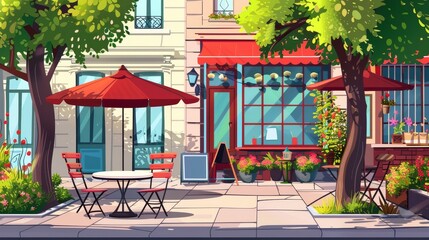 Outdoor street cafe in summer park area cartoon illustration outside restaurant area with table chair and umbrella exterior with city building landscape urban bistro coffeehouse on sidewalk design