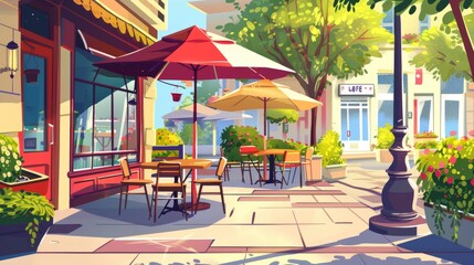 Outdoor street cafe in summer park area cartoon illustration outside restaurant area with table chair and umbrella exterior with city building landscape urban bistro coffeehouse on sidewalk design