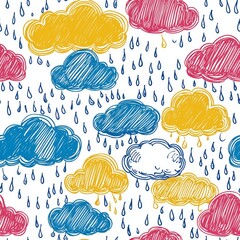 seamless pattern of doodled clouds and raindrops in bright colors
