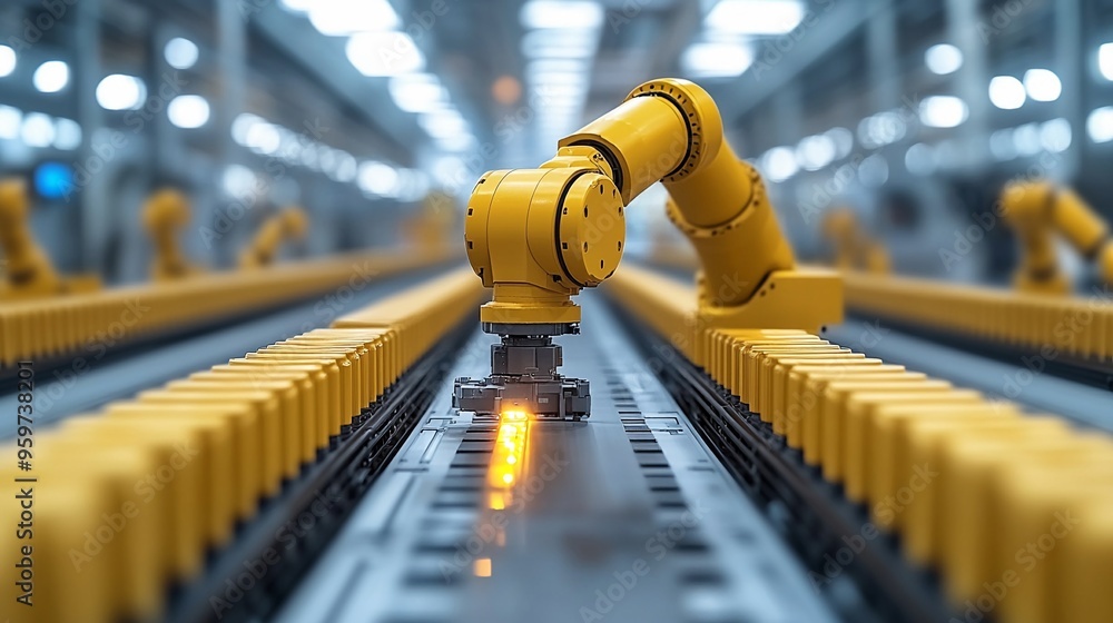 Aufkleber precision in automation: a robotic arm, aglow with sparks, meticulously assembles components on a mo