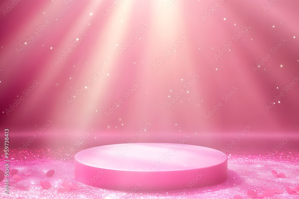 Poster a pink circular podium on the ground with light rays and glitter background for product display or a