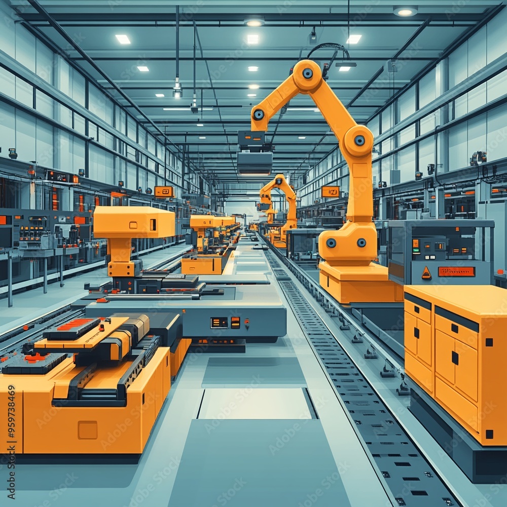 Aufkleber automated symphony: a futuristic factory hums with precision as robotic arms work in unison, showcas
